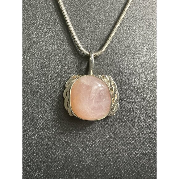 Silver Snake Chain Necklace With Rose Quartz Pendant - Picture 3 of 6